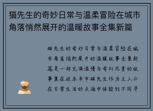猫先生的奇妙日常与温柔冒险在城市角落悄然展开的温暖故事全集新篇 猫先生的奇妙日常与温柔冒险在城市角落悄然展开的温暖故事全集新篇